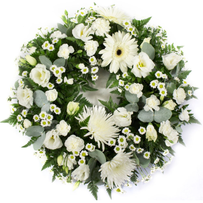 Classic Wreath in White -SYM-321 - This classic wreath made with mixed white and cream flowers is suitable for a lady or a gentleman. This type of funeral arrangement needs at least one working days’ notice for delivery. Same day delivery is not possible.